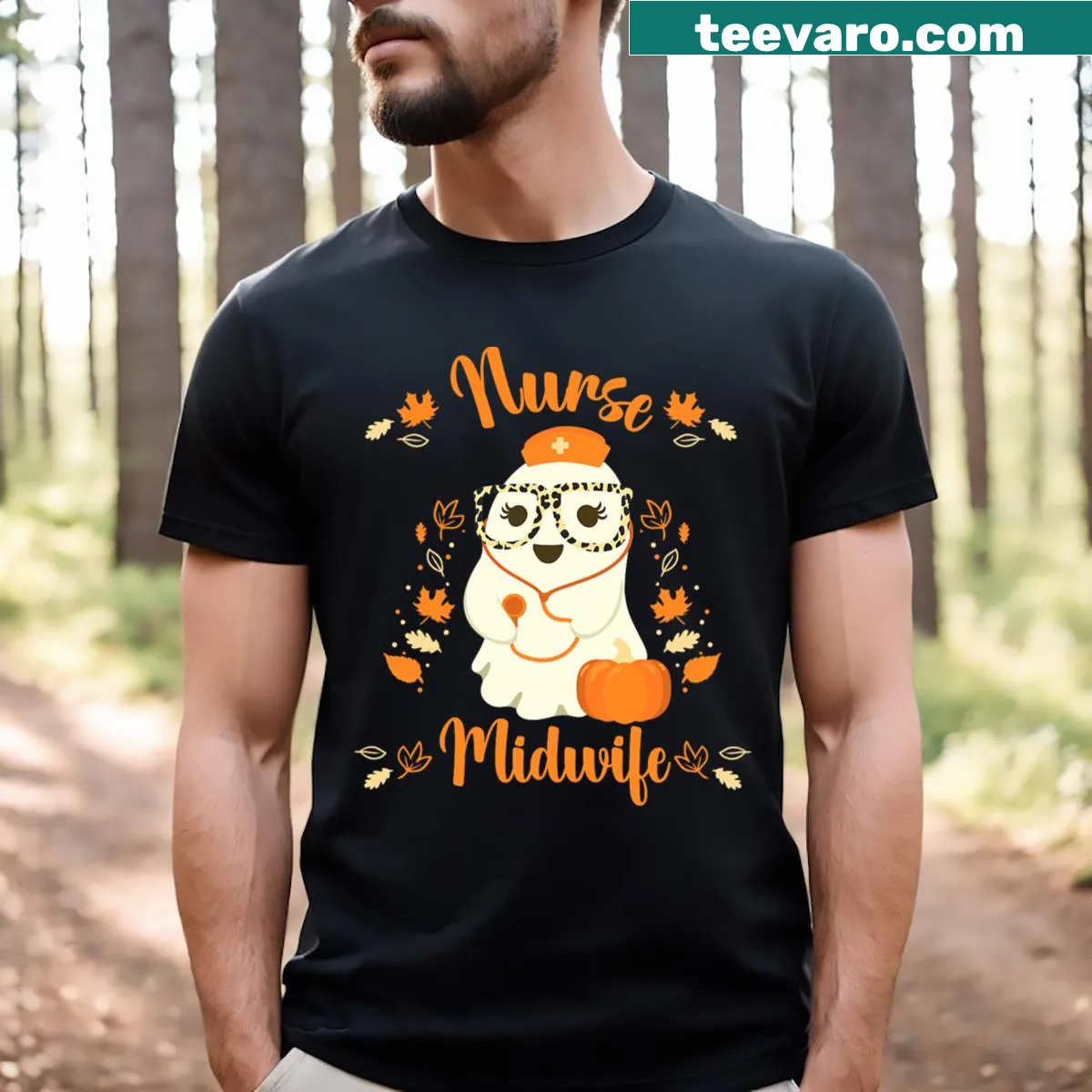 Ghostly nurse graphic on Halloween-themed midwifery t-shirt — on a men's t-shirt