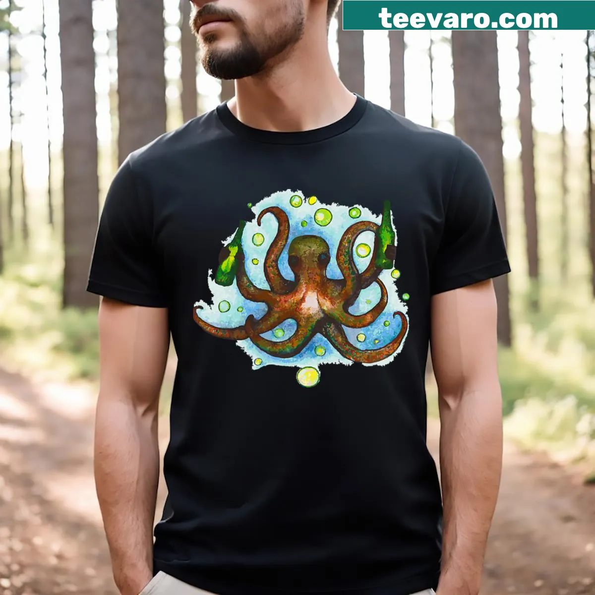 T-shirt featuring an illustration of an octopus with a whimsical design — on a men's t-shirt
