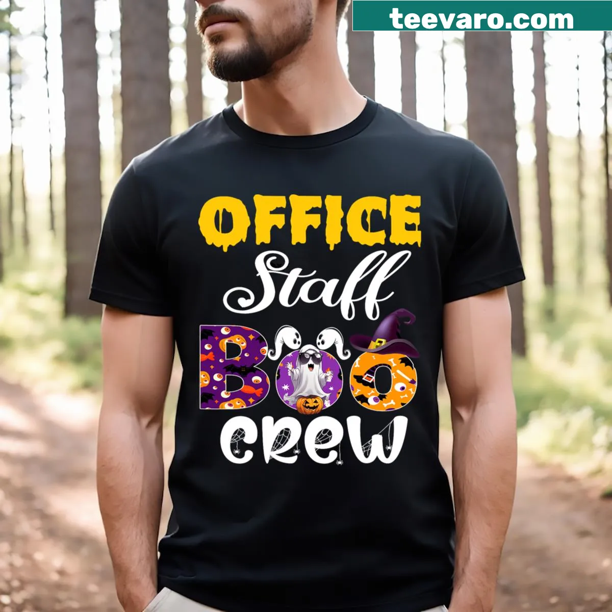 Funny 'Boo Crew' text graphic t-shirt for office staff Halloween — on a men's t-shirt