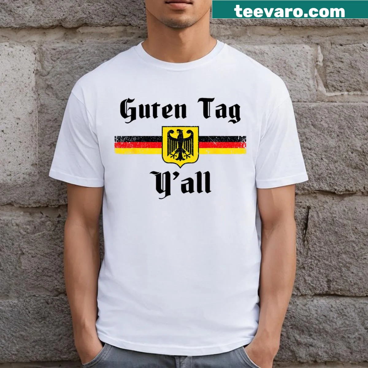 Funny T-shirt with German flag and eagle, 'Guten Tag Y'all' graphic. — on a men's t-shirt