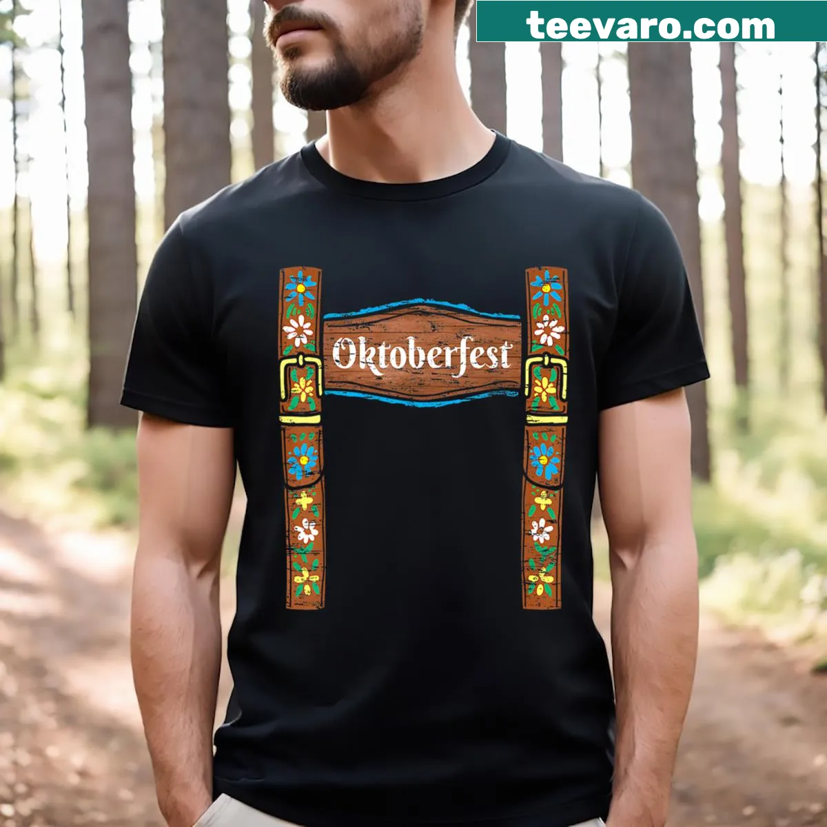Cute cartoon lederhosen graphic on Oktoberfest t-shirt — on a men's t-shirt