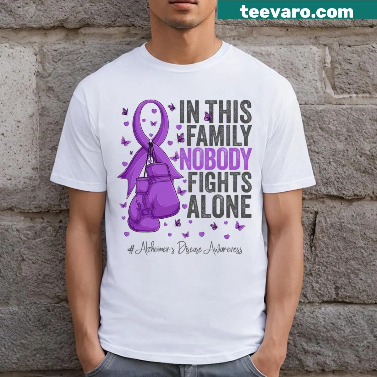 Inspirational t-shirt featuring a purple ribbon for Alzheimer's awareness. — on a men's t-shirt
