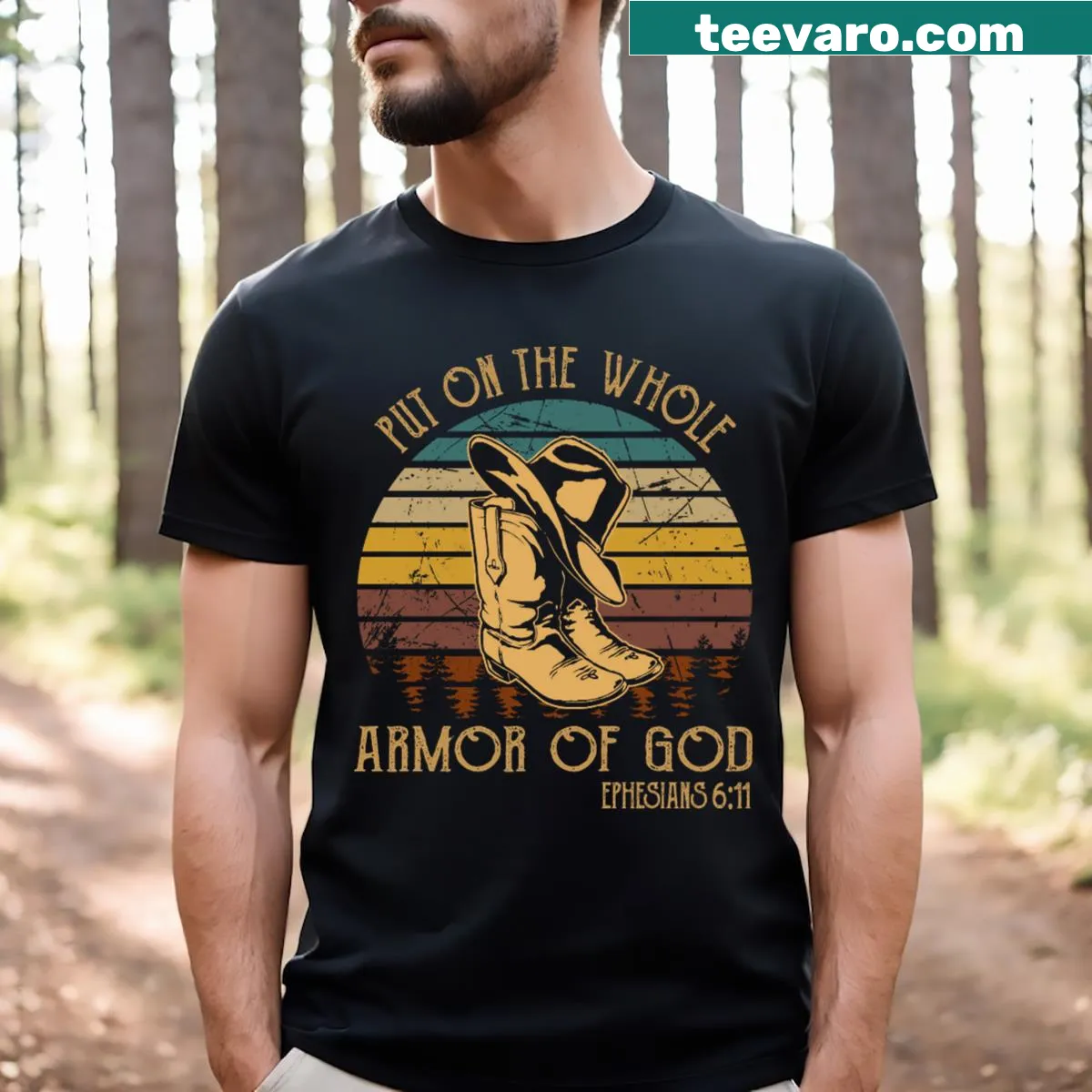 Faith-themed t-shirt with cowboy boot and hat design. — on a men's t-shirt