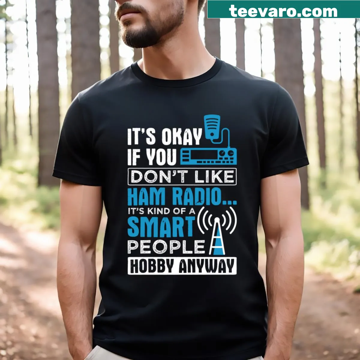 T-shirt featuring radio communication graphic — on a men's t-shirt