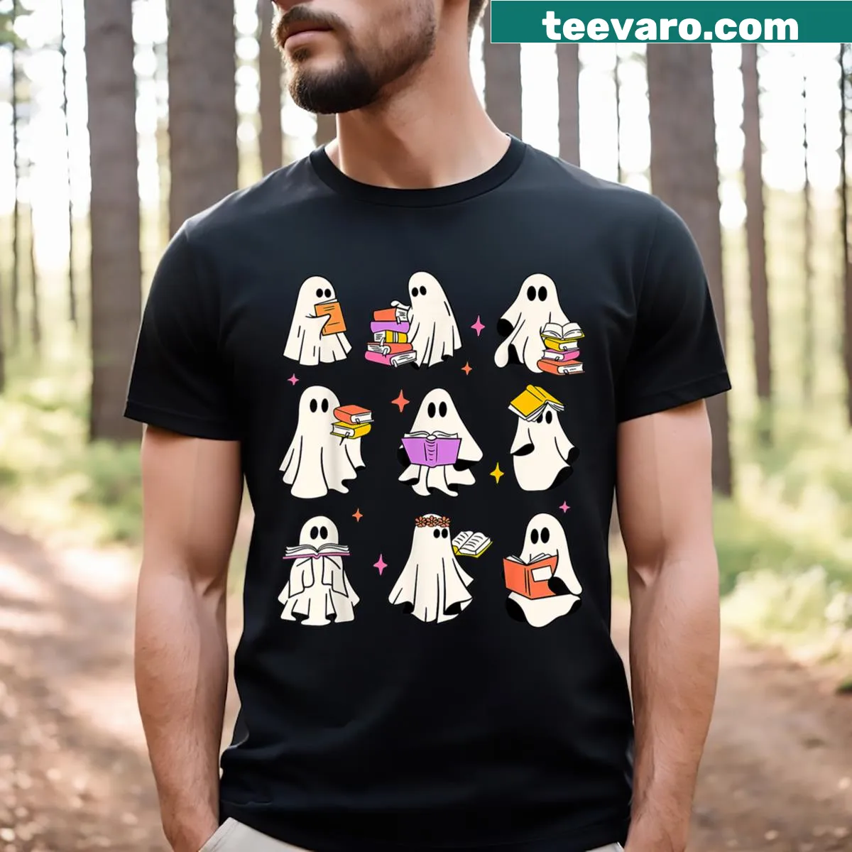 Ghost and book-themed Halloween t-shirt for teachers — on a men's t-shirt
