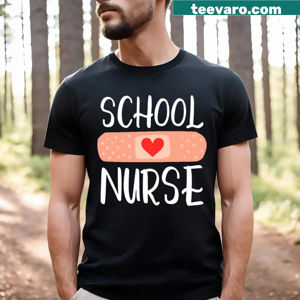 Humorous T-shirt featuring playful typography for school nurses. — on a men's t-shirt