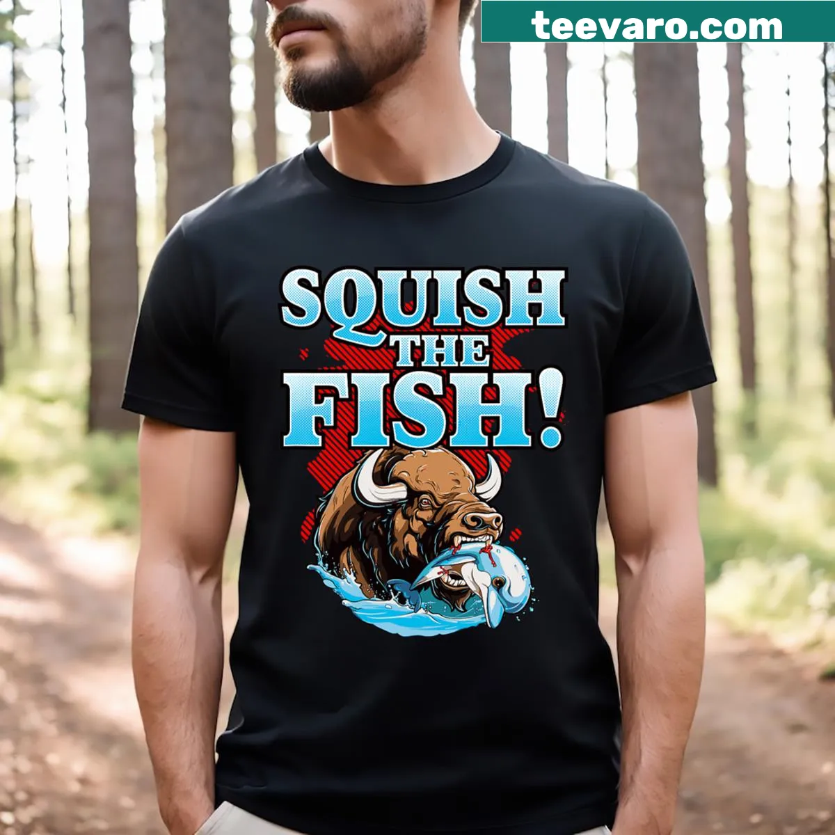 Illustrative T-shirt with a bison eating dolphin in a food chain fantasy — on a men's t-shirt