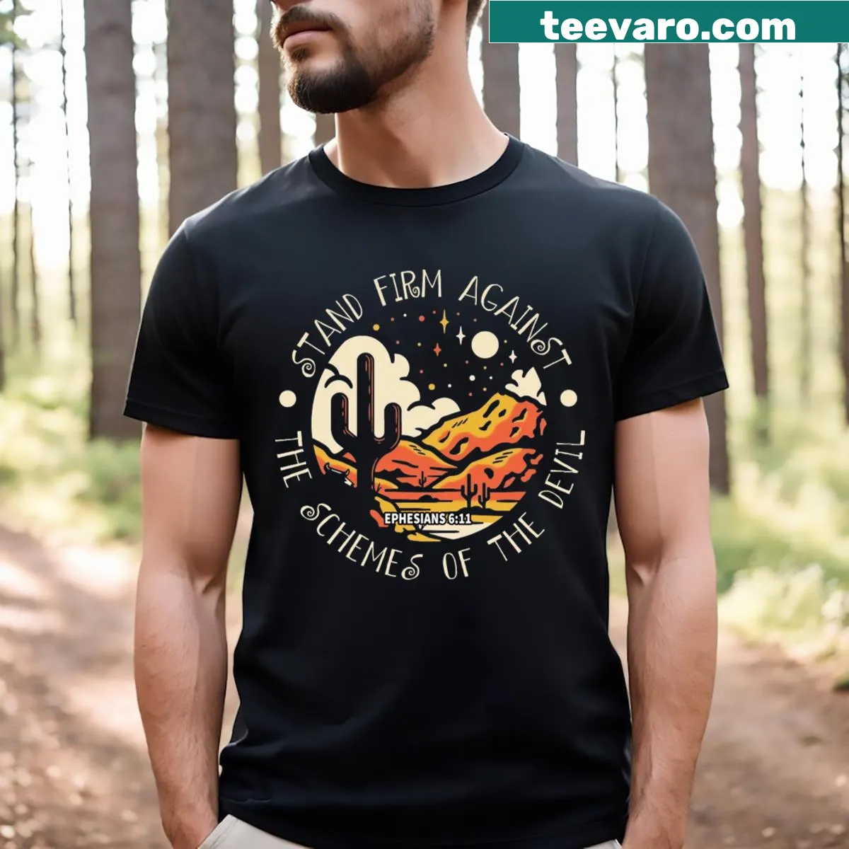 Inspirational text with mountains and cactus graphic — on a men's t-shirt