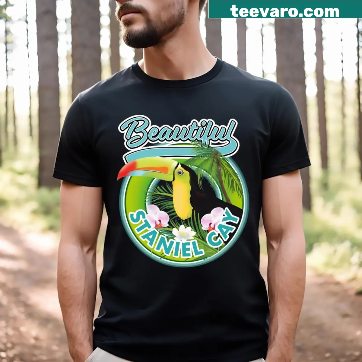 Staniel Cay travel logo graphic design — on a men's t-shirt