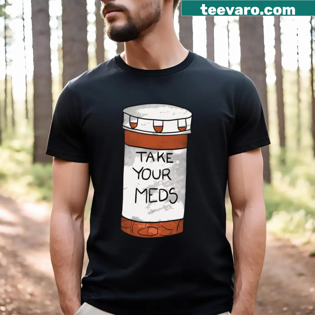T-shirt with the phrase 'Take Your Meds' in playful typography — on a men's t-shirt