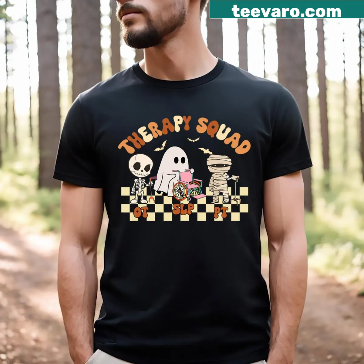 Halloween-themed t-shirt for therapy professionals and students with a fun graphic — on a men's t-shirt