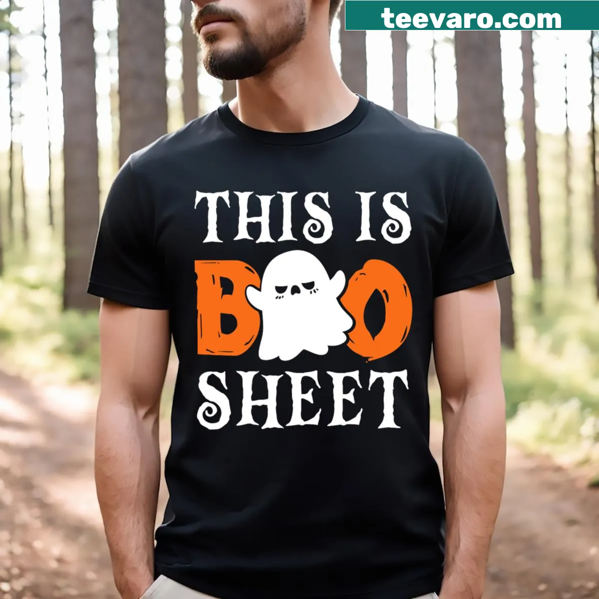T-shirt featuring a friendly ghost and the phrase 'This Is Boo Sheet' in fun design — on a men's t-shirt
