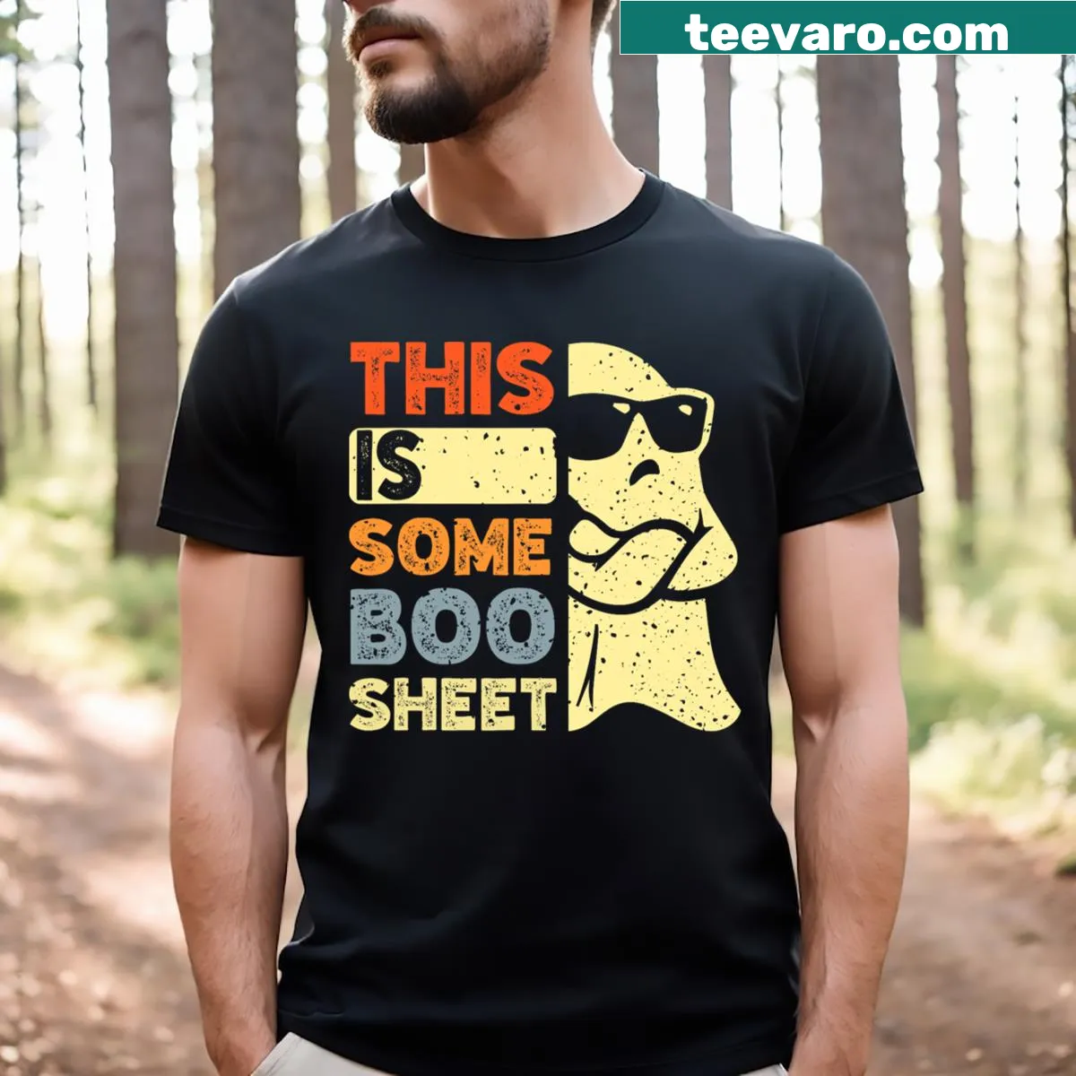 Funny Halloween T-shirt with the phrase 'This Is Some Boo Sheet' — on a men's t-shirt