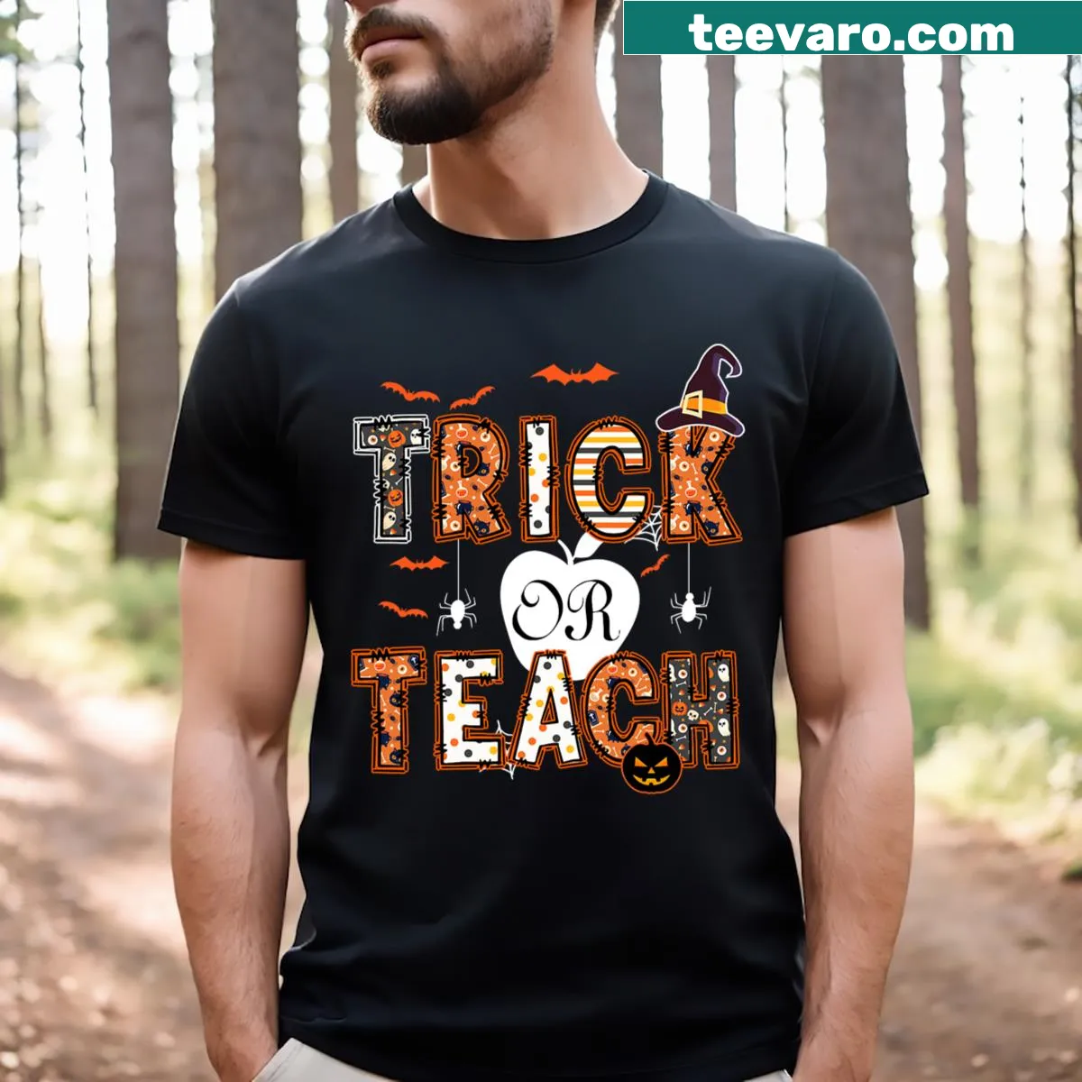 Clever Halloween teacher t-shirt with retro design — on a men's t-shirt