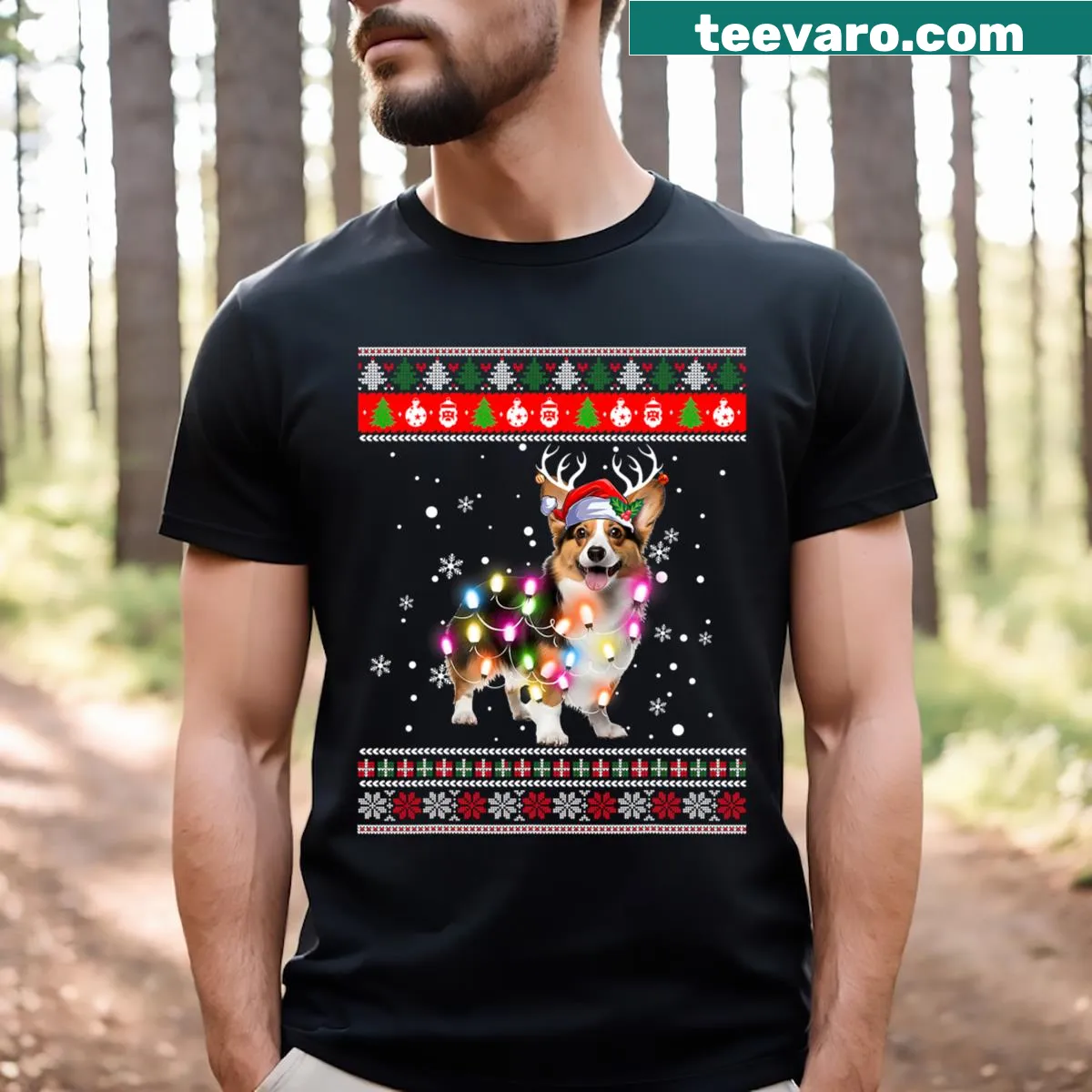 Funny Christmas t-shirt featuring a corgi and festive design — on a men's t-shirt