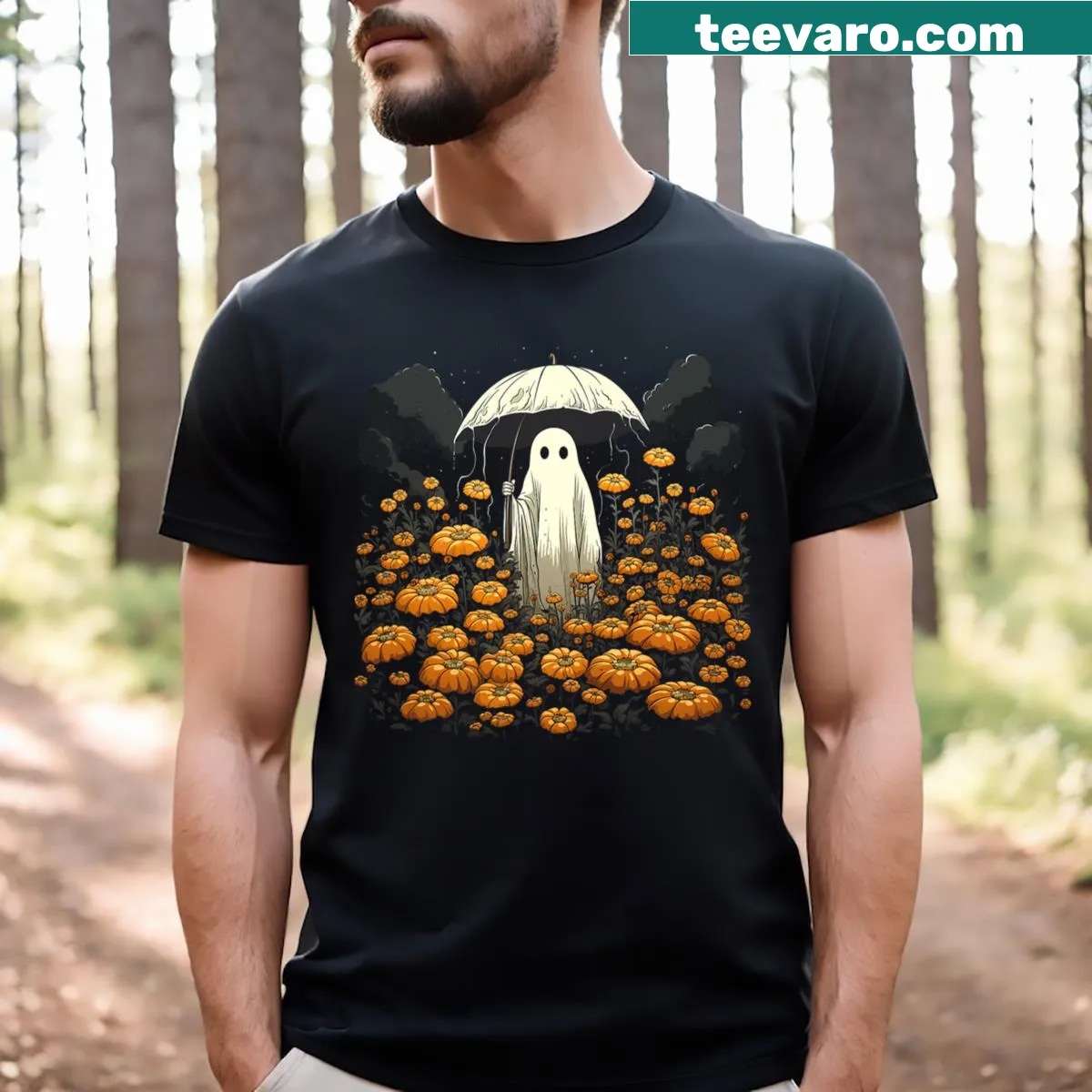 Vintage floral ghost t-shirt with a ghost in a forest setting — on a men's t-shirt