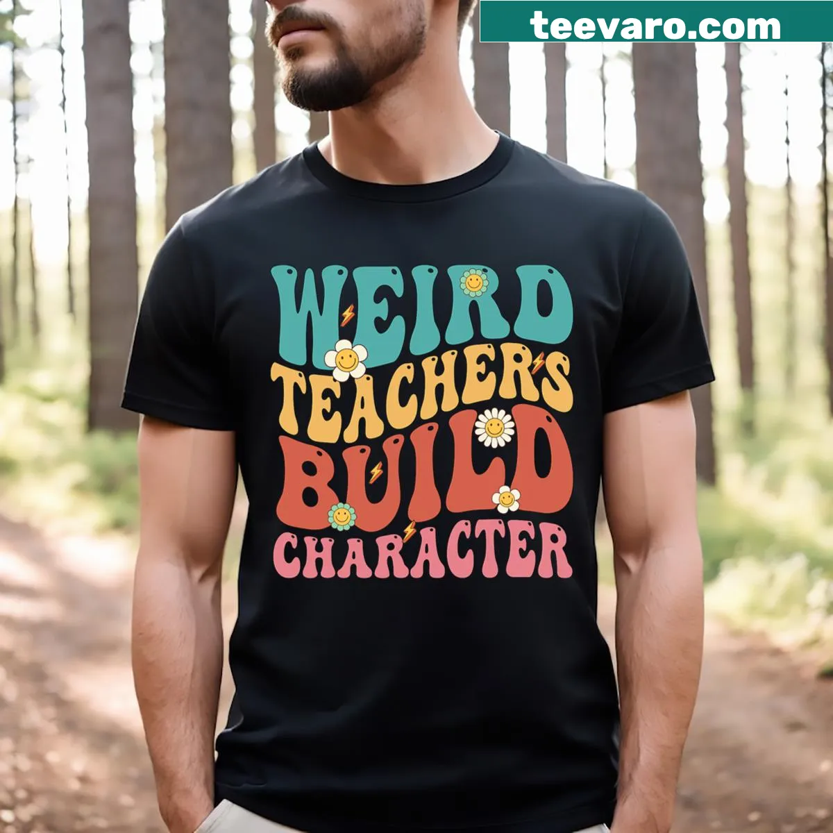 Retro t-shirt saying Weird Teachers Build Character for educators — on a men's t-shirt