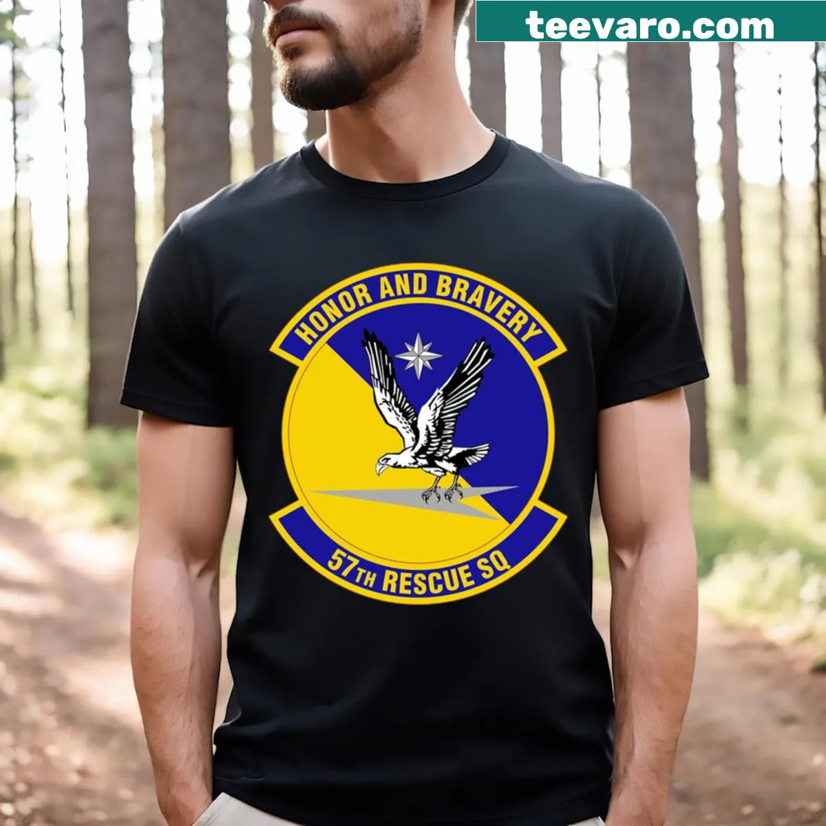 T-shirt honoring the 57th Rescue Squadron with bold text — on a men's t-shirt