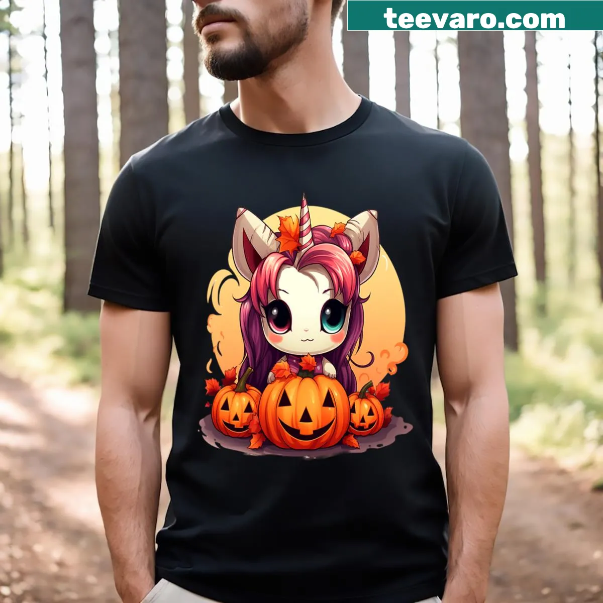 Kawaii t-shirt with a design of a pumpkin unicorn for Halloween — on a men's t-shirt