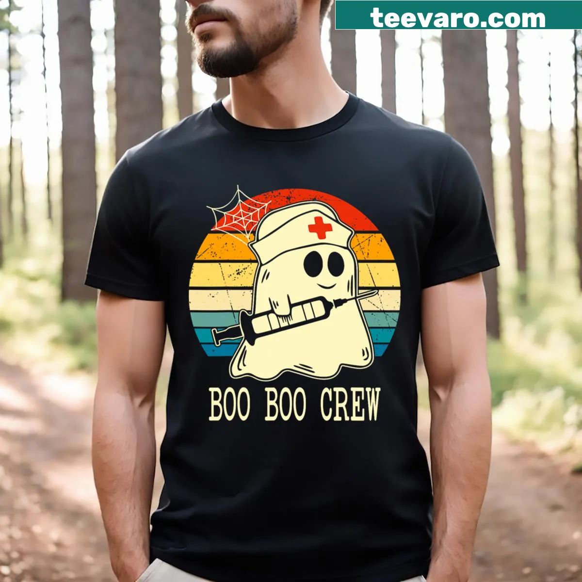 Funny Halloween t-shirt with cartoon ghost nurses design — on a men's t-shirt