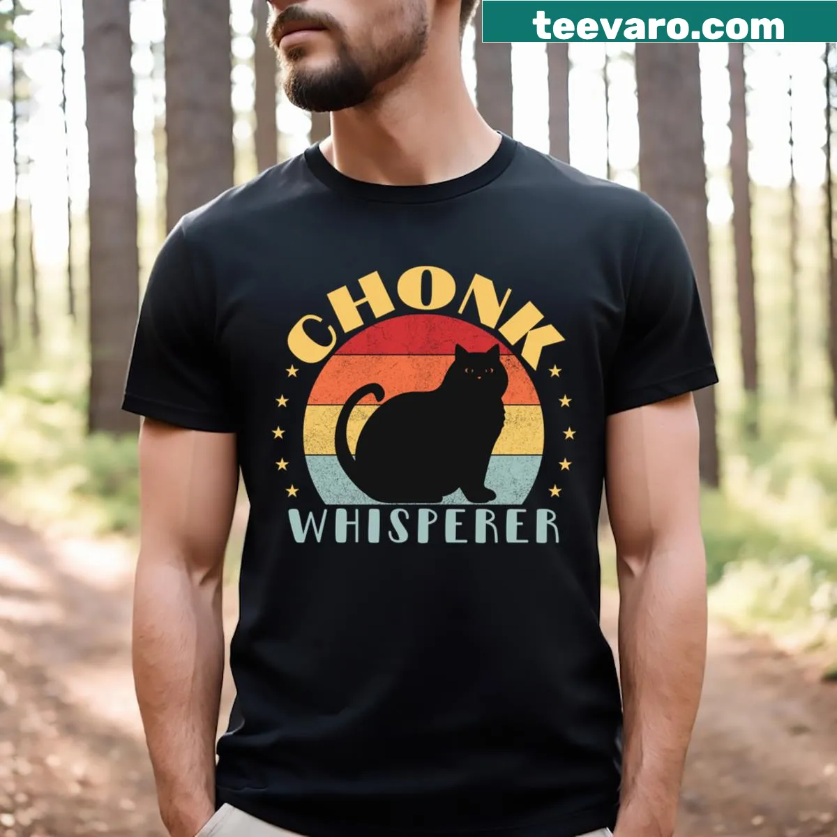 Retro t-shirt featuring 'Chonk Whisperer' text — on a men's t-shirt