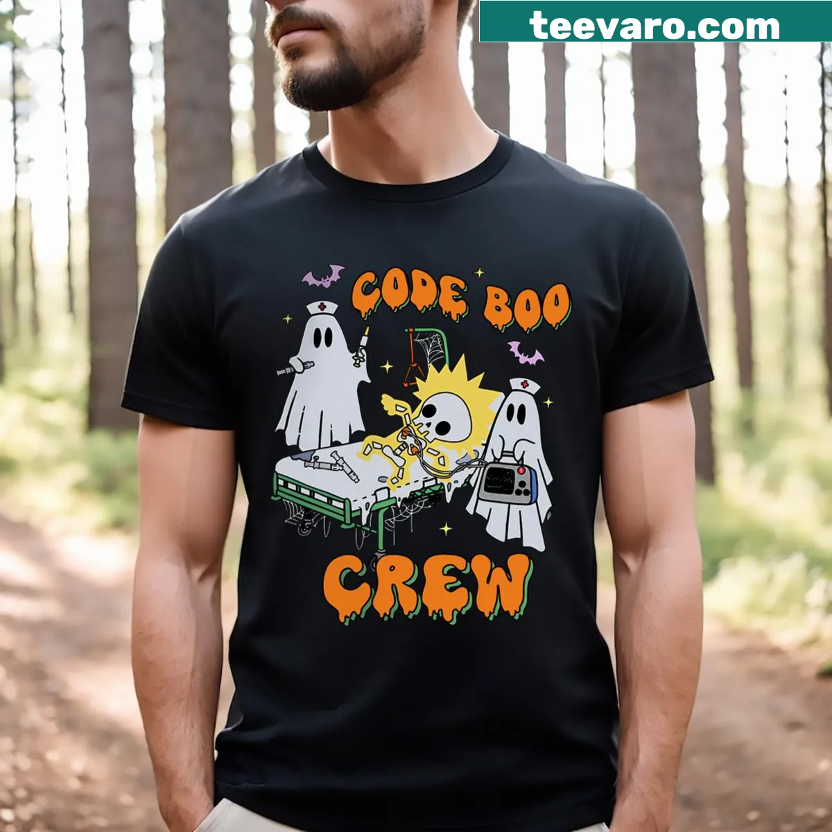 Funny ghost-themed T-shirt for nurses with 'Code Boo Crew' design — on a men's t-shirt