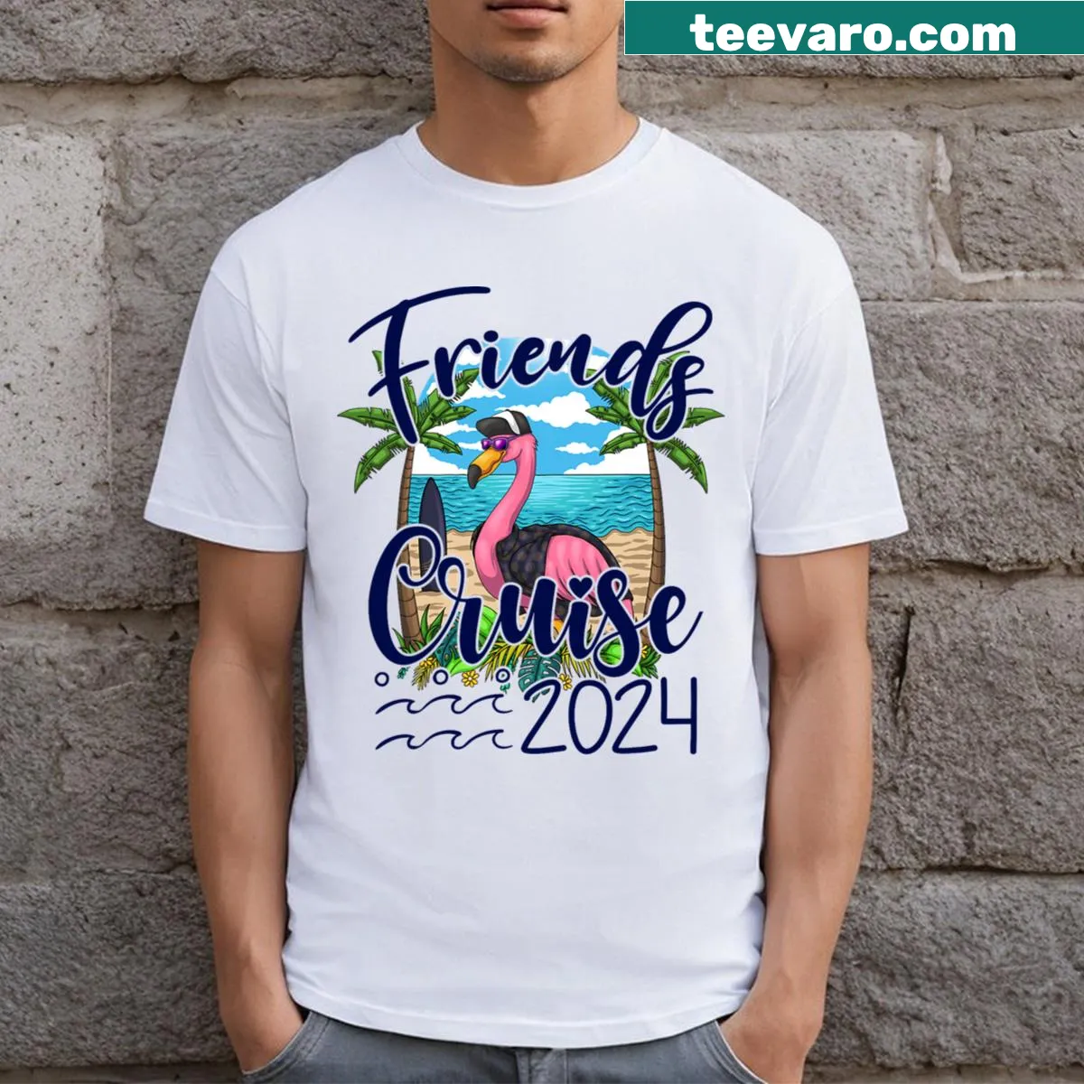 Flamingo design T-shirt for Friends Cruise 2024 — on a men's t-shirt