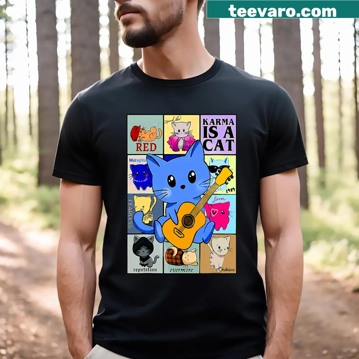 Vintage design with the phrase 'Karma Is A Cat' and playful graphics for cat lovers — on a men's t-shirt