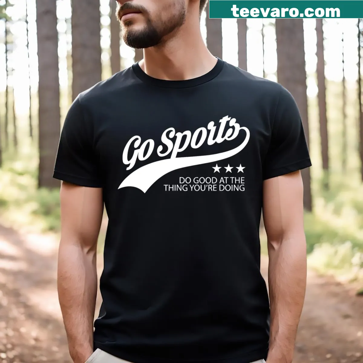 Humorous sports-themed shirt with 'Go Sports' text — on a men's t-shirt