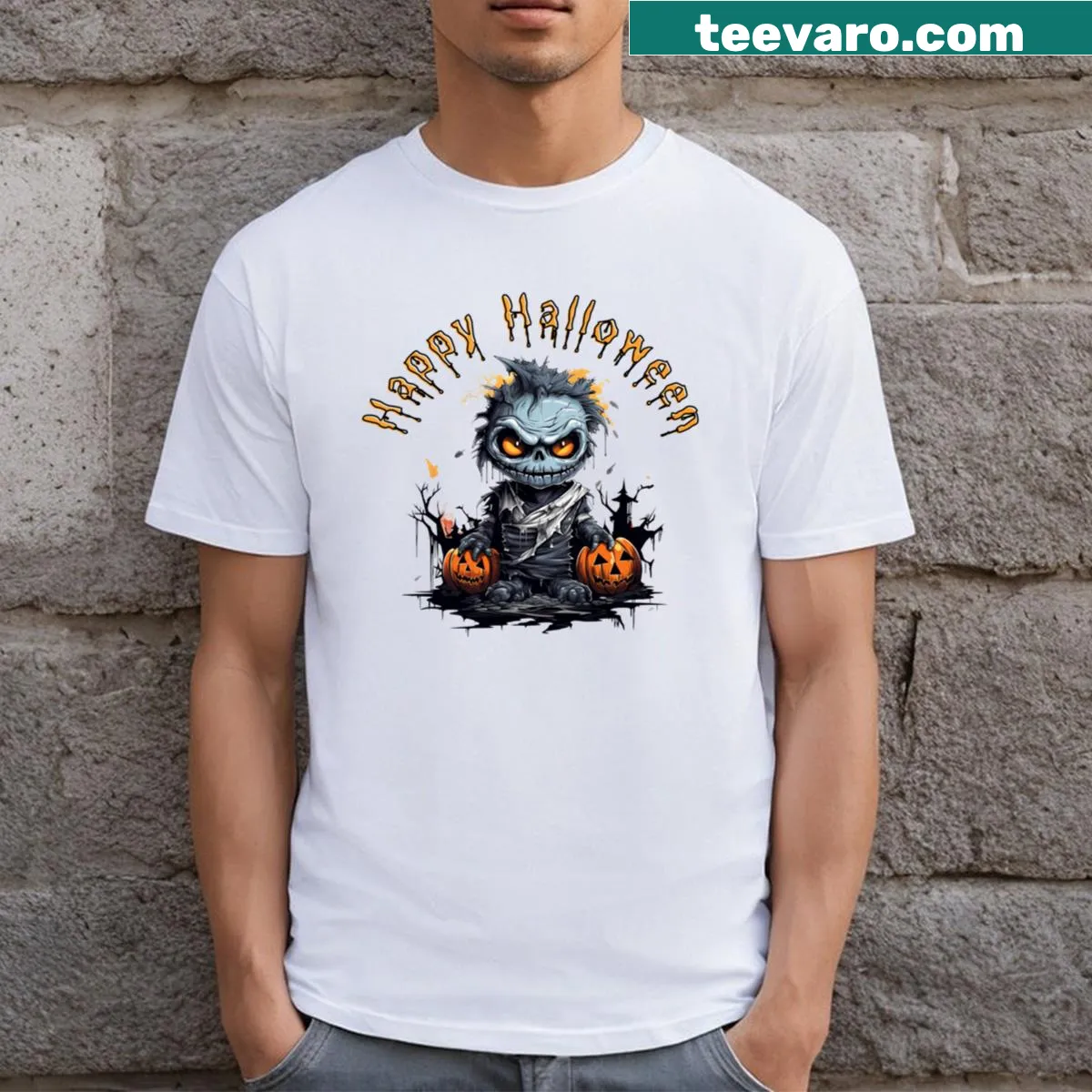 Whimsical grave keeper character in a graveyard for Halloween lovers — on a men's t-shirt
