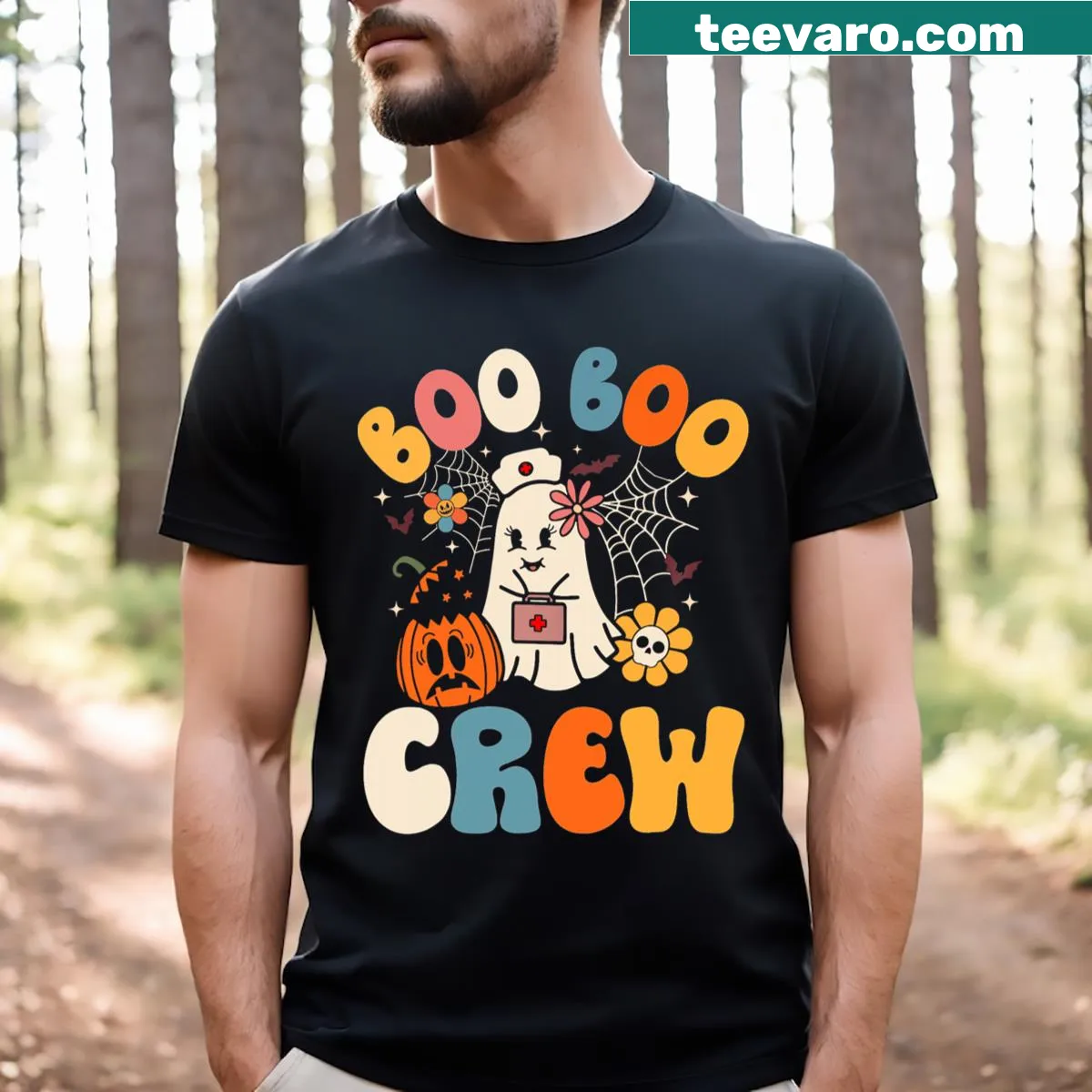 Vintage-style t-shirt with a ghost graphic and 'Boo Boo Crew' text — on a men's t-shirt
