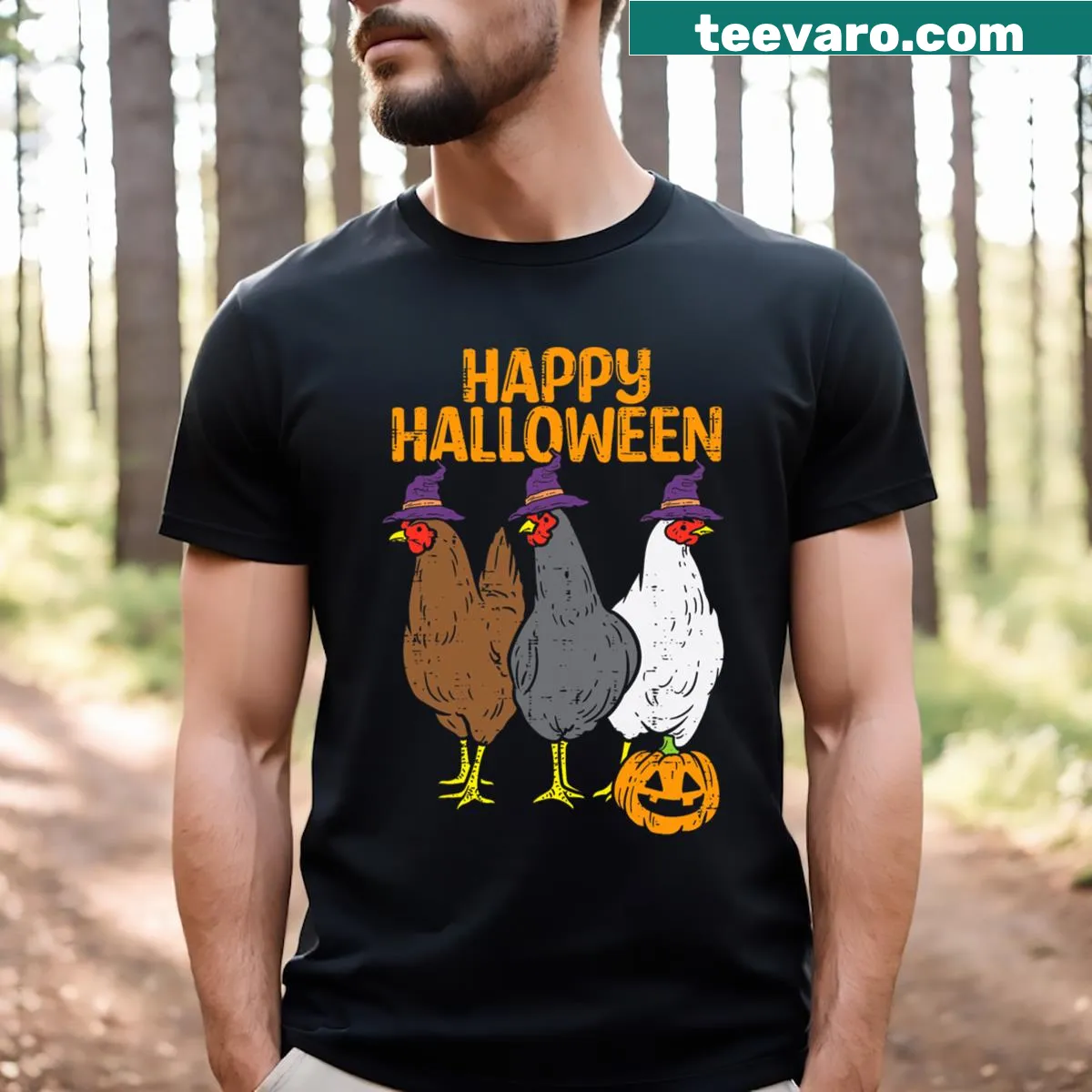 Cute Halloween-themed cartoon chickens on T-shirt — on a men's t-shirt