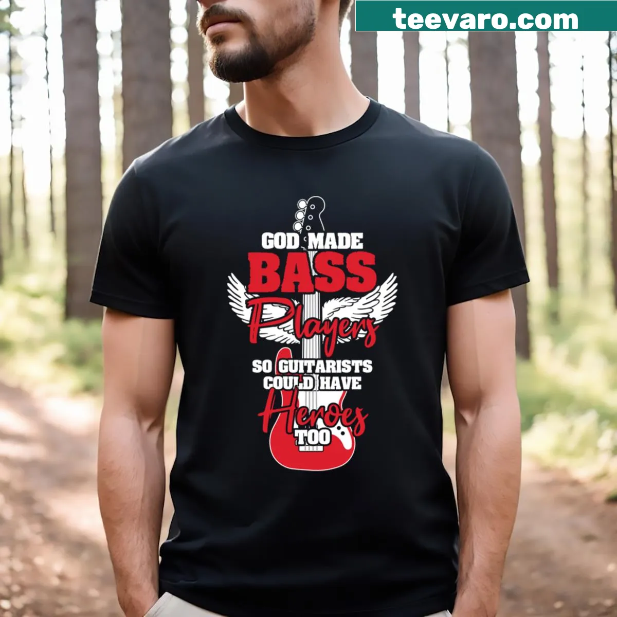 Bold typography celebrating bass players on T-shirt — on a men's t-shirt