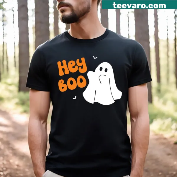 Cute ghost graphic with 'Hey Boo' on a kids T-shirt