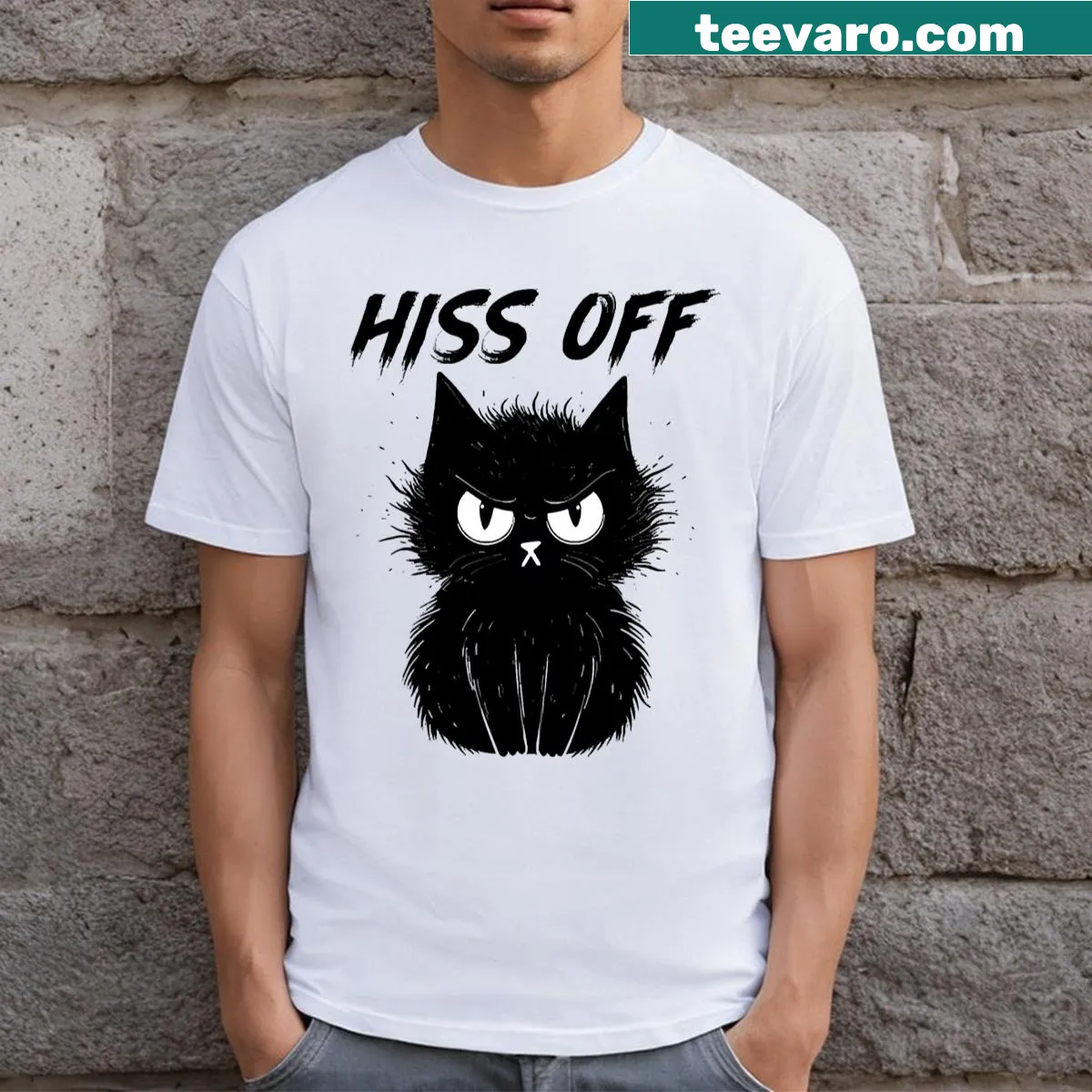 Cute kitten graphic with 'Hiss Off' text on T-shirt — on a men's t-shirt