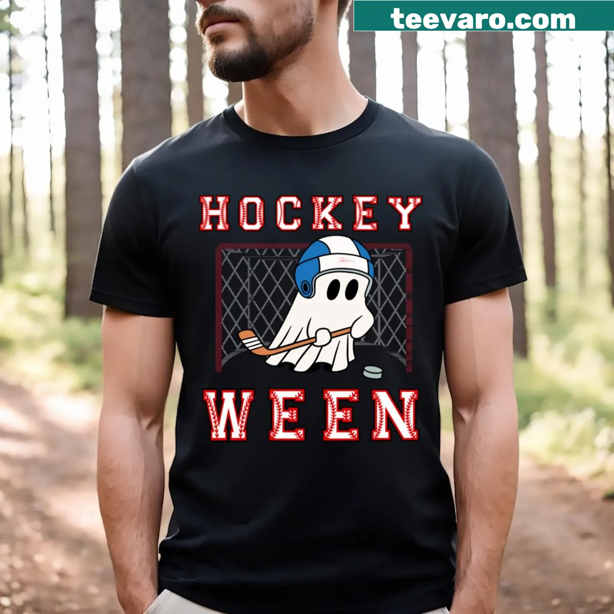 Hockey ghost graphic on a Halloween T-shirt — on a men's t-shirt