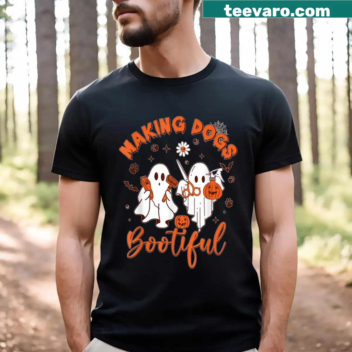 Vintage style Halloween T-shirt with 'Making Dogs Bootiful' text — on a men's t-shirt