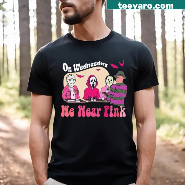 Funny Halloween T-shirt with 'On Wednesday We Wear Pink' text