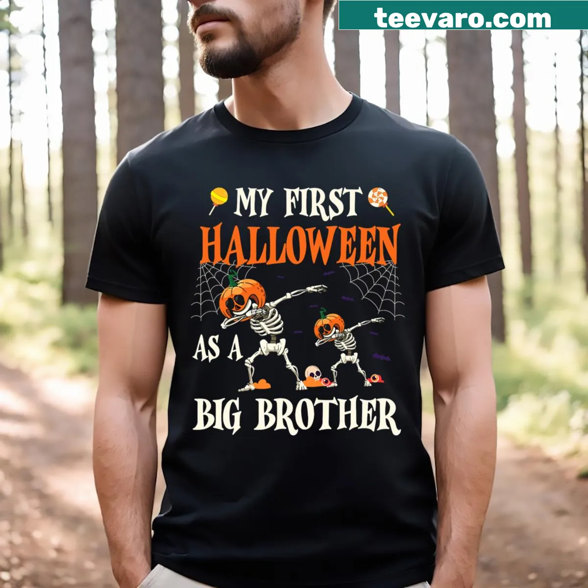 Cartoon skeleton dabbin t-shirt for kids celebrating first Halloween as big brother — on a men's t-shirt