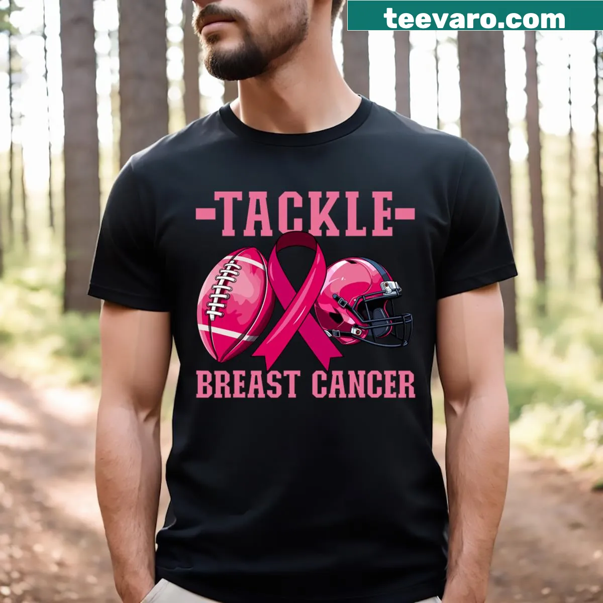 Football graphic with a pink ribbon for breast cancer awareness T-shirt — on a men's t-shirt