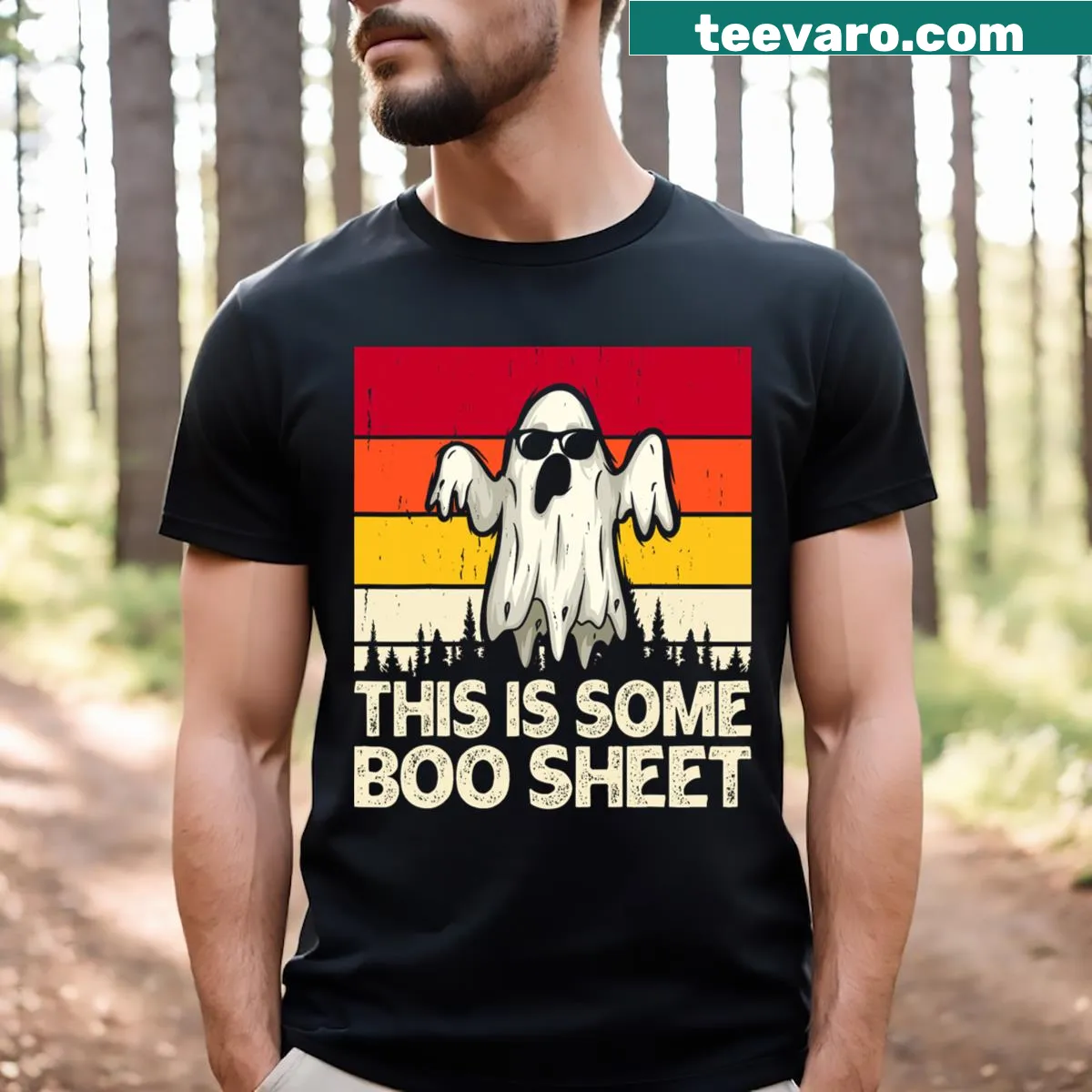 Funny Halloween T-shirt with sarcastic 'This Is Some Boo Sheet' text — on a men's t-shirt
