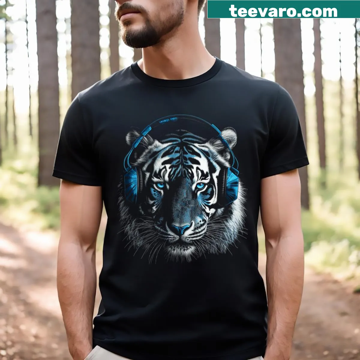 T-shirt with tiger illustration wearing headphones and blue eyes — on a men's t-shirt