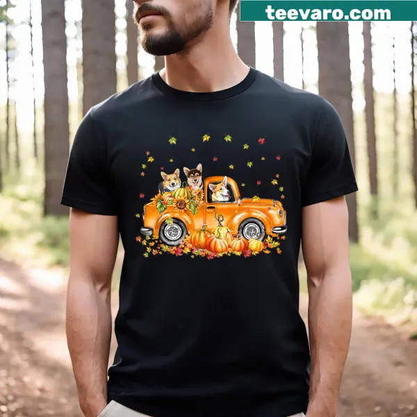 Corgi sitting in a pumpkin truck for fall-themed t-shirt
