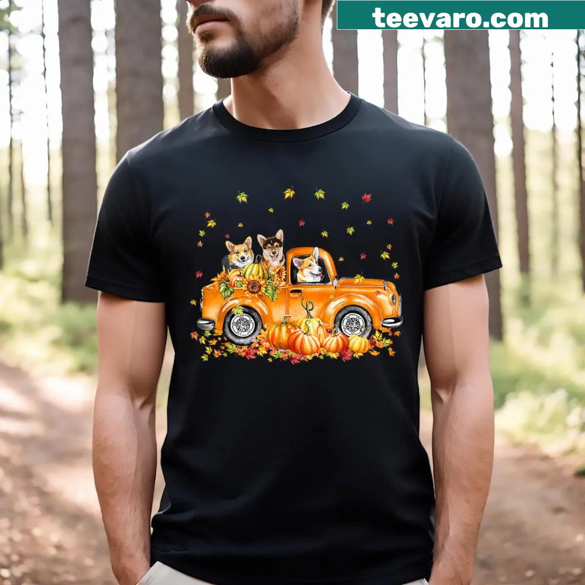 Corgi sitting in a pumpkin truck for fall-themed t-shirt — on a men's t-shirt