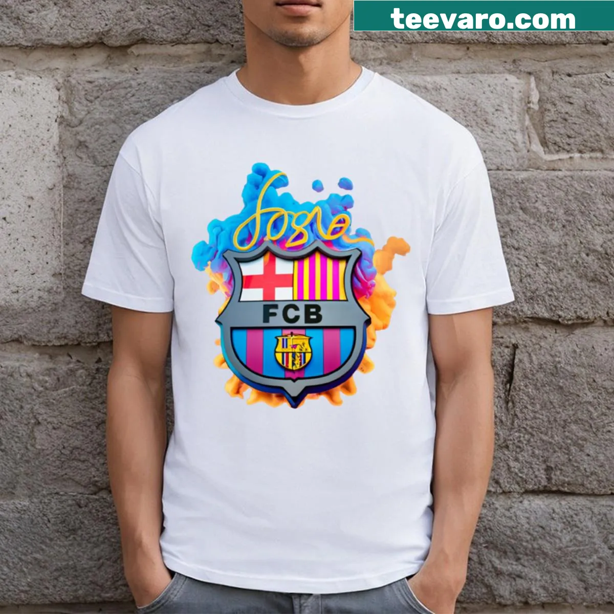 3D FC Barcelona crest T-shirt featuring dynamic background — on a men's t-shirt