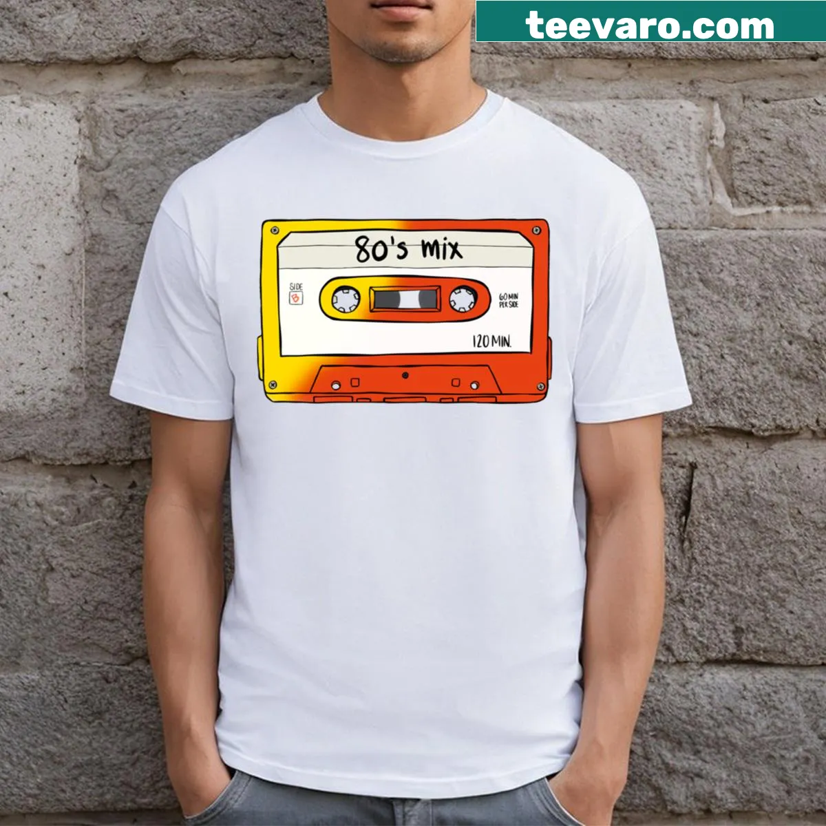 Retro mix tape graphic with text 'Girls Just Wanna Have Fun' on a t-shirt — on a men's t-shirt