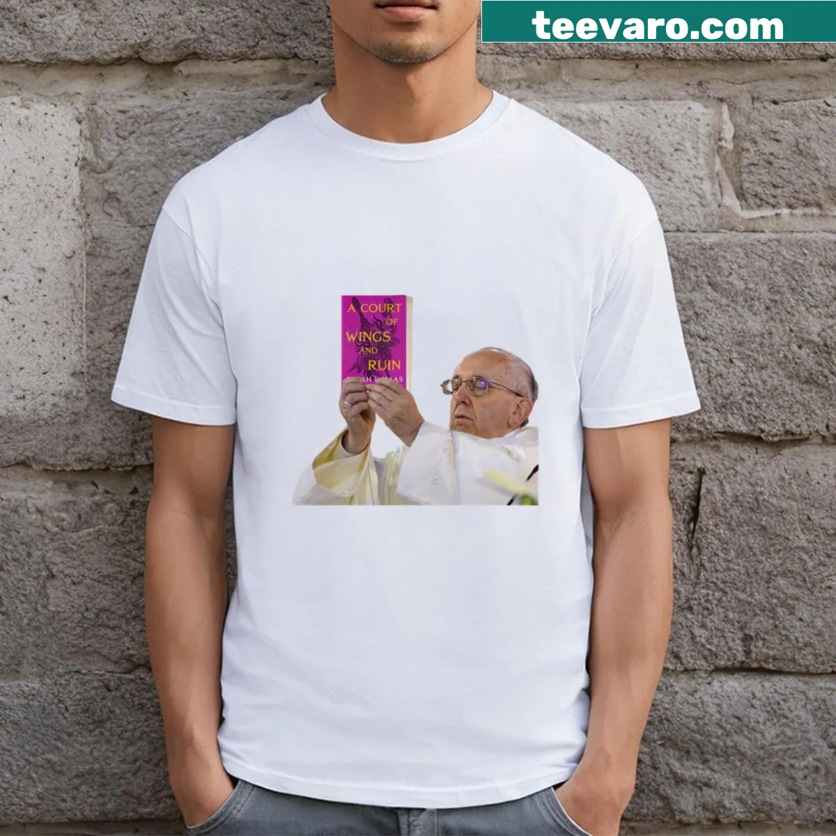 Cartoon-style meme graphic inspired by 'A Court Of Wings And Ruins' on a t-shirt — on a men's t-shirt
