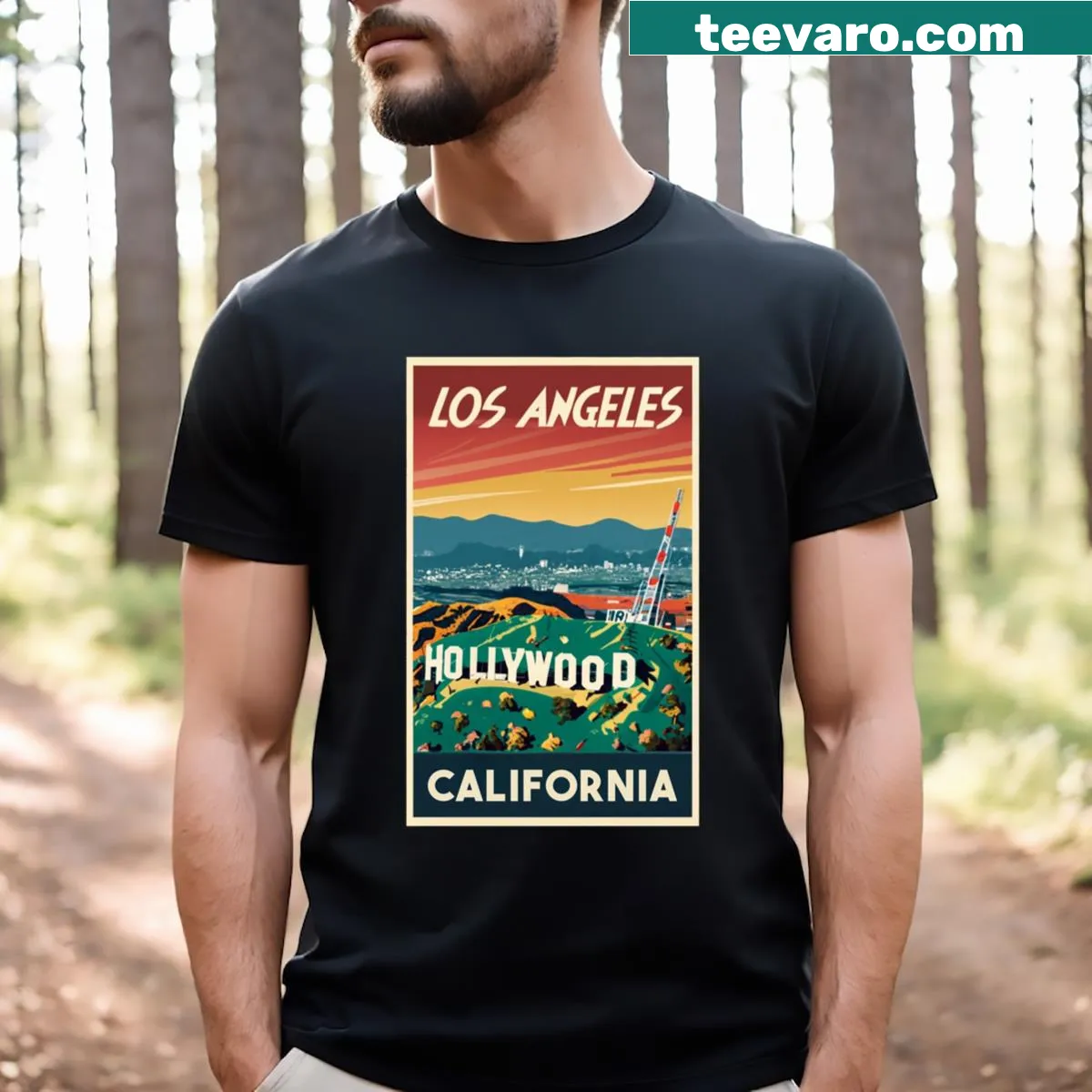 Vintage travel art t-shirt of Hollywood Los Angeles — on a men's t-shirt