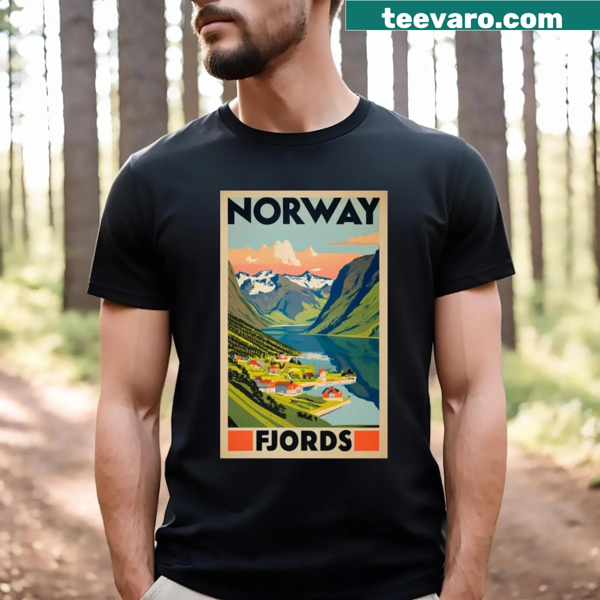 Vintage travel art t-shirt featuring Norwegian fjords — on a men's t-shirt