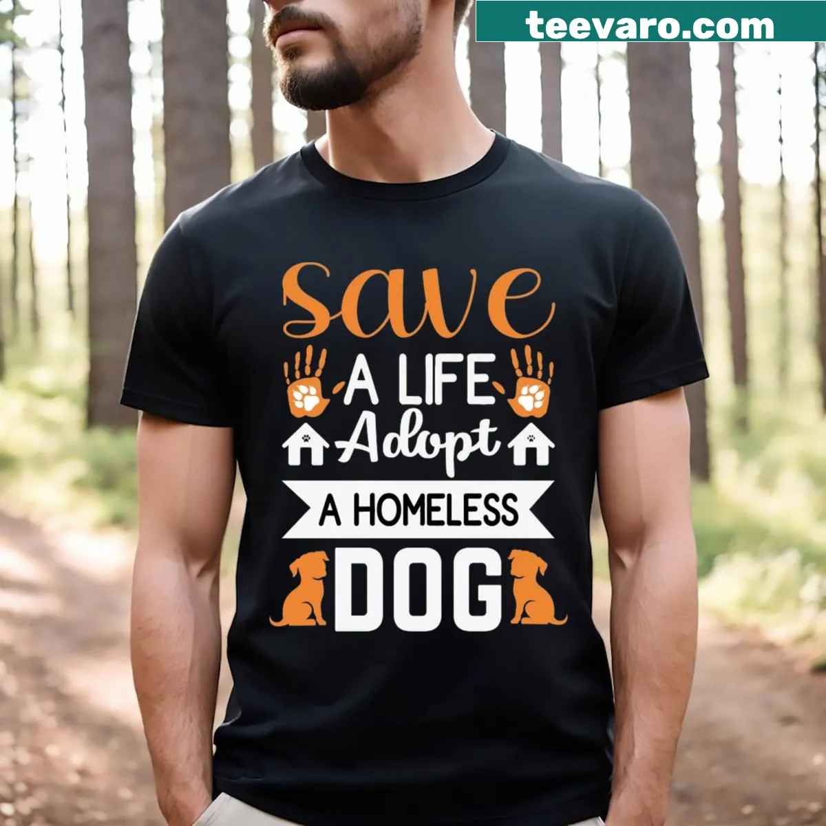 Illustration promoting dog adoption on a T-shirt — on a men's t-shirt